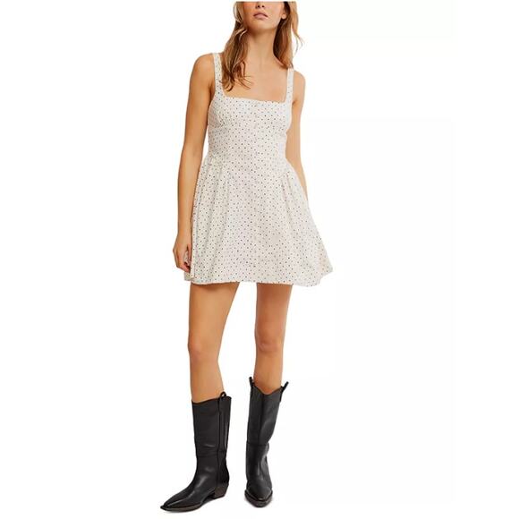 Free People Dress Women Medium Printed Astrid Mini White Polka Dot Babydoll Boho - Picture 1 of 13